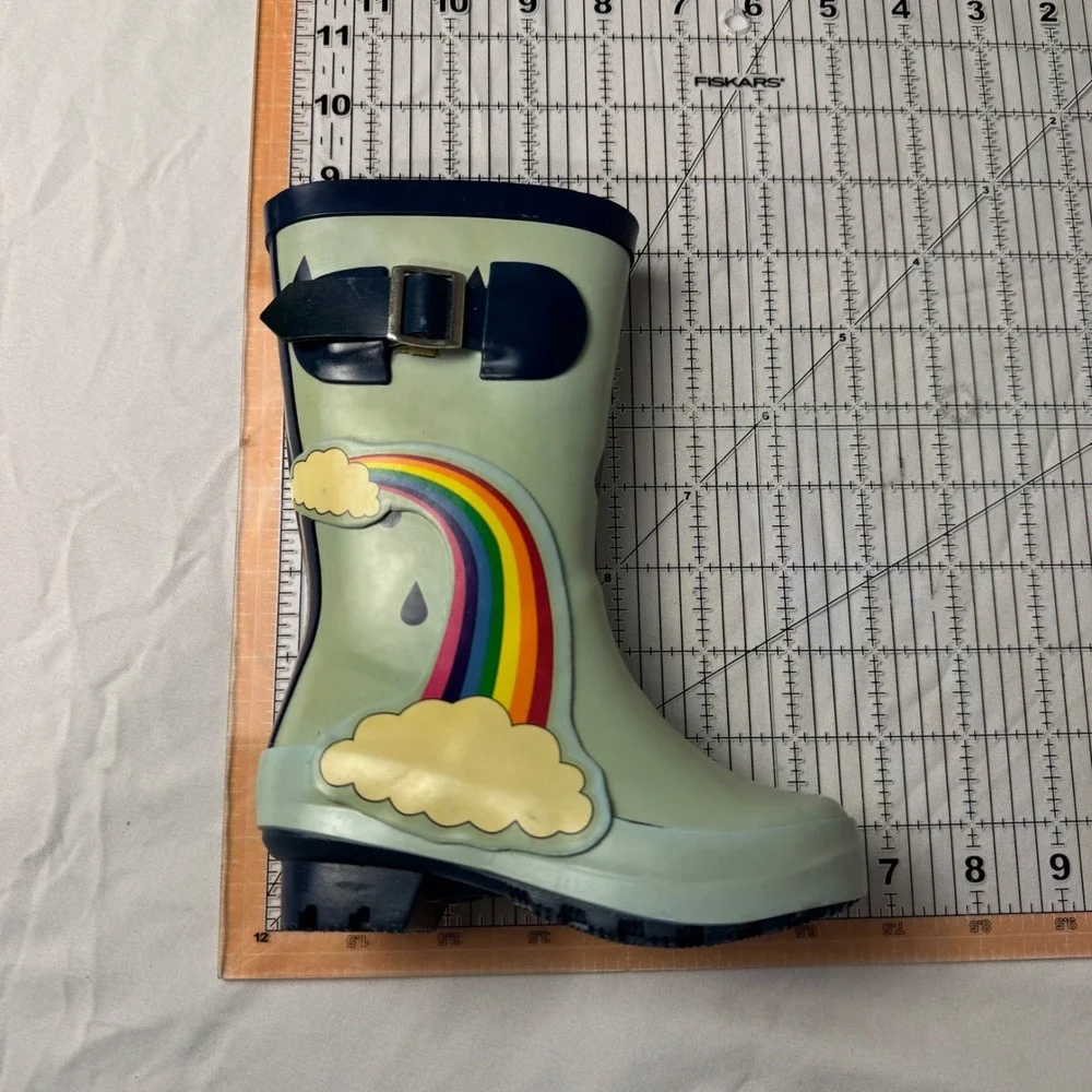 Rainbow Rain Boots Kids Size‎ 5/6 Mint Green Rubber Waterproof Raindrops